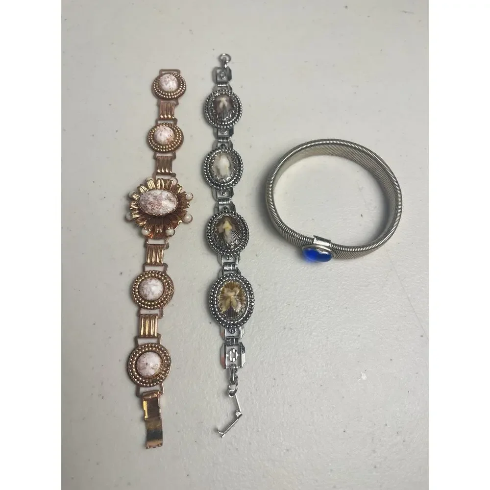 Old Vintage Bracelet Lot Copper Metal Links Mottled Flowers Tubogas Cabachon
